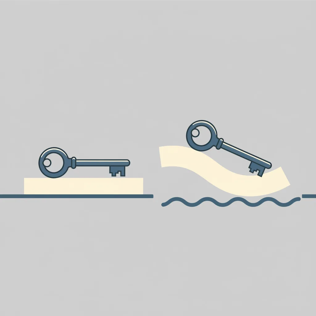Two house keys on a table, one on a stable flat surface, one balanced on a tilting surface.
