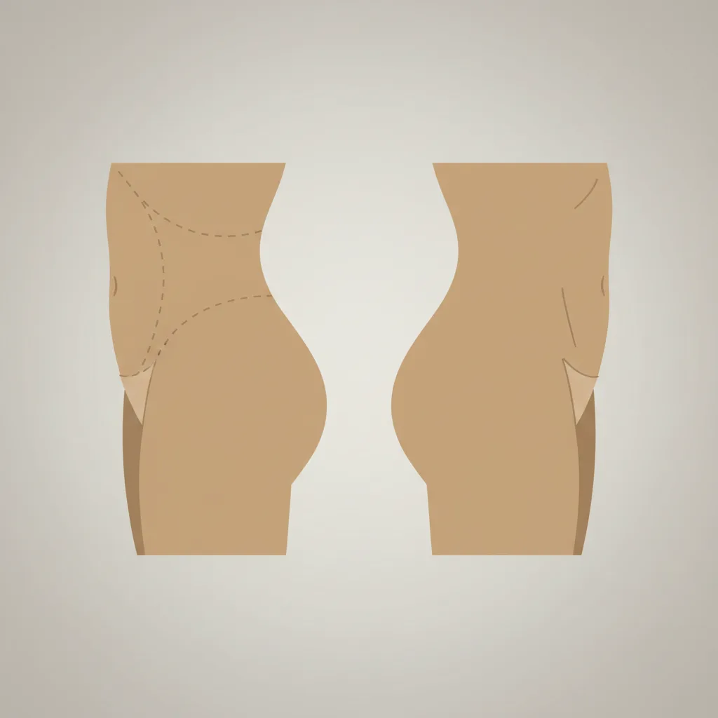 Two side-by-side profile silhouettes of a lower torso, one with a small surgical marking, one bare, on a neutral background.