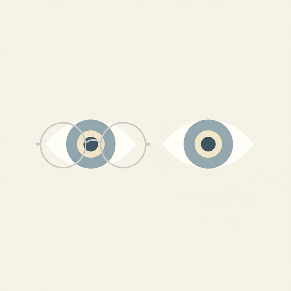 Two pairs of eyes side by side, one framed by glasses, the other without any correction.