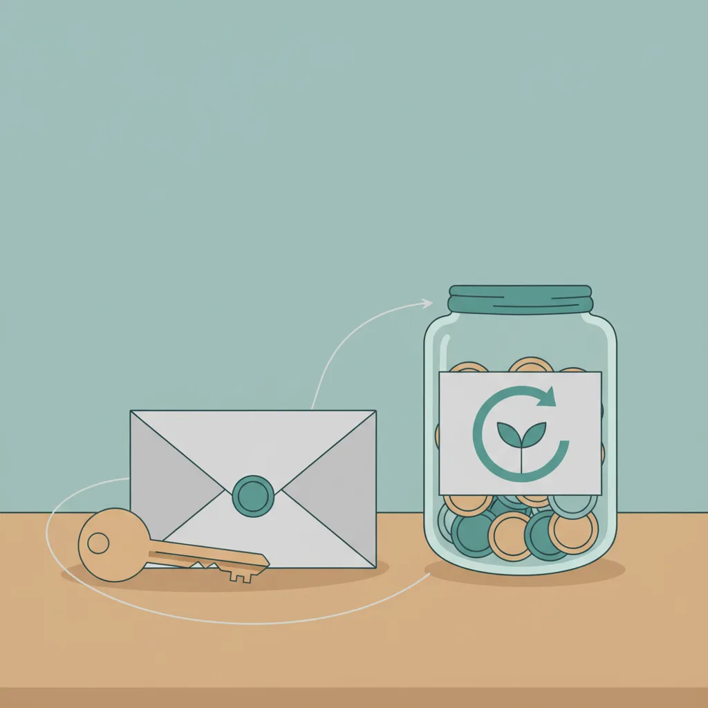 A house key and an envelope of money on a table beside a retirement savings jar.