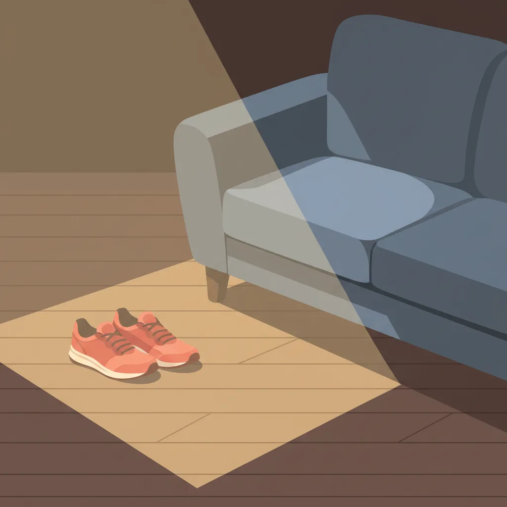 A pair of running shoes next to an empty couch, one brightly lit and the other in shadow.