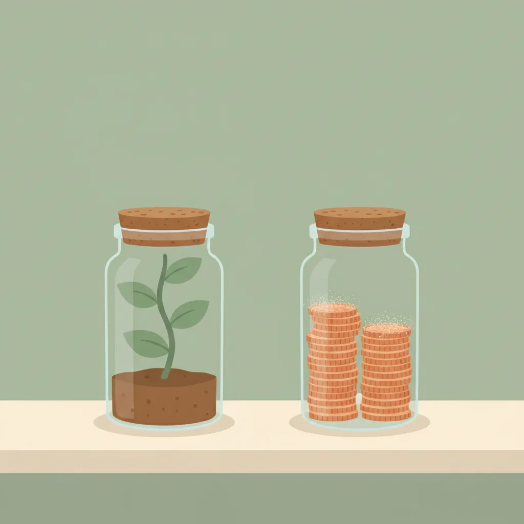 Two jars on a shelf, one with a small growing plant, the other with stacked coins gathering dust.