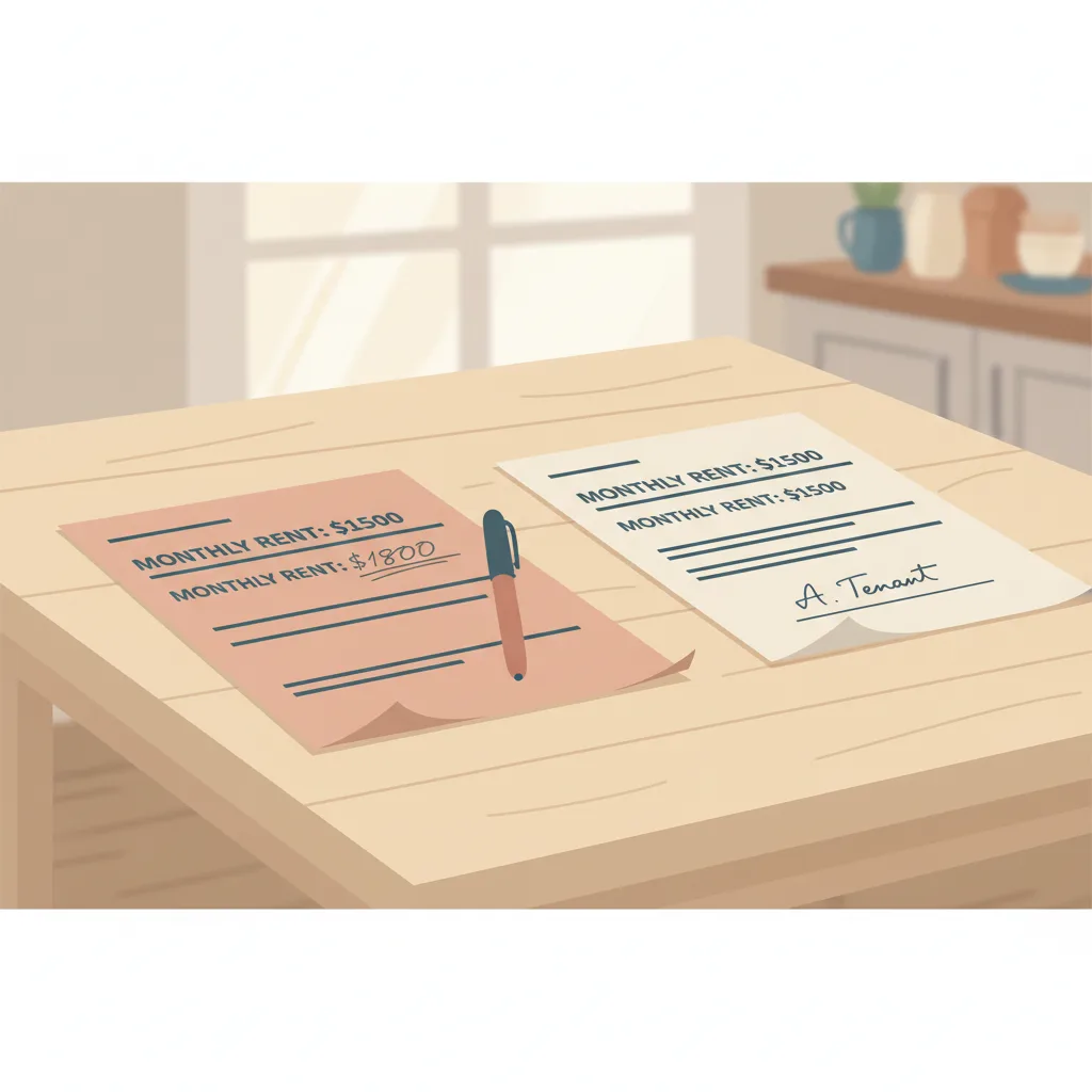 A lease agreement on a table, one version with a handwritten rent adjustment, the other with the printed price unchallenged.