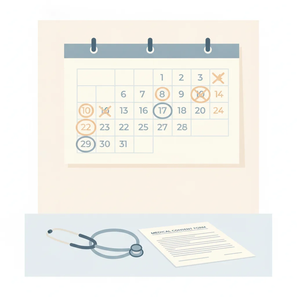 A calendar, a stethoscope, and a folded consent form arranged on a clinic desk
