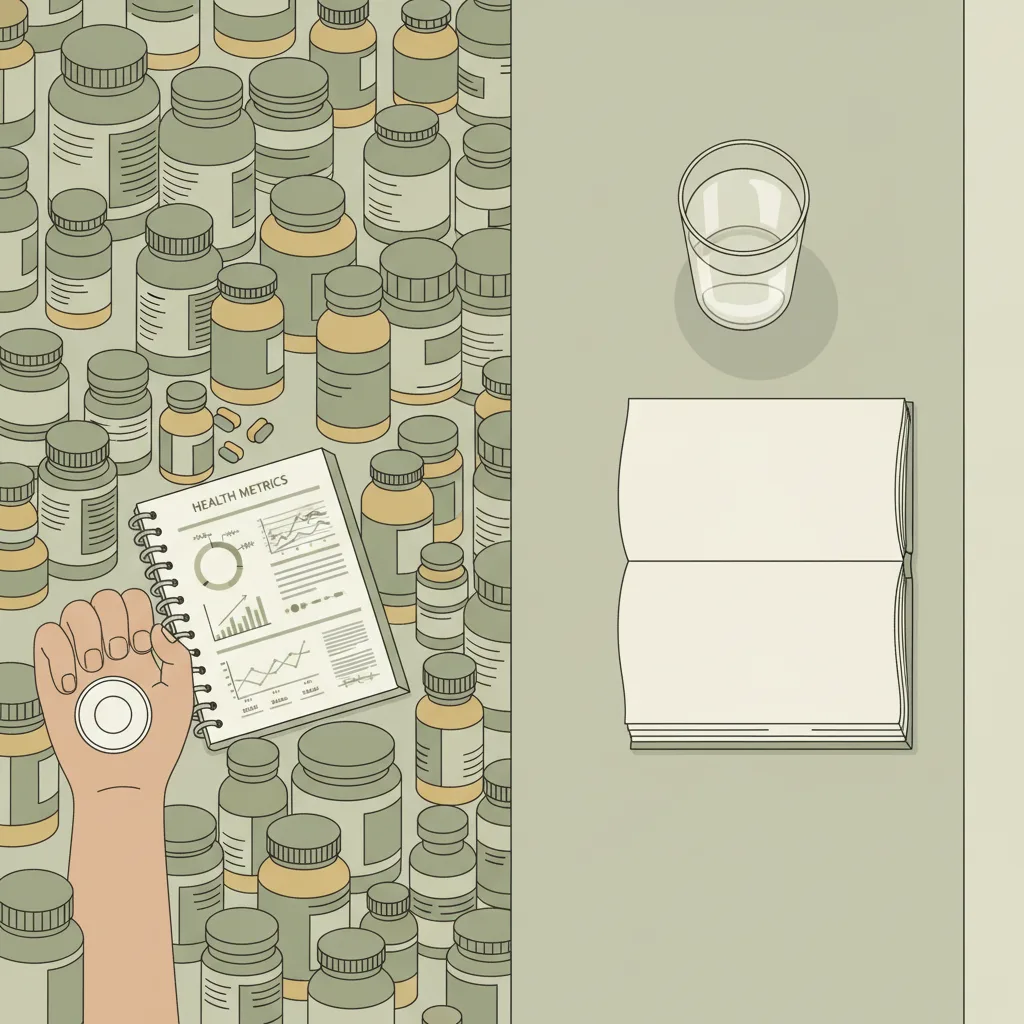 A bathroom counter divided in two: one side covered with supplement bottles and a tracking app, the other with a single glass of water and an open book.