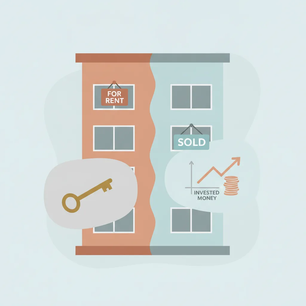 A single flat with a for-rent sign on one side and a sold sign with a rising chart on the other, muted tones.