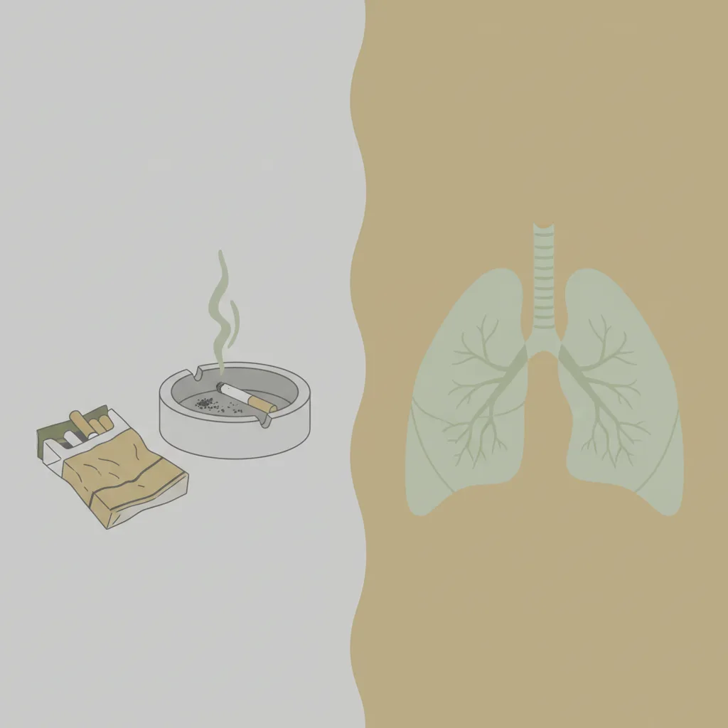 A single cigarette butt stubbed out beside a crumpled empty packet on the left, and a pair of healthy lungs in outline on the right