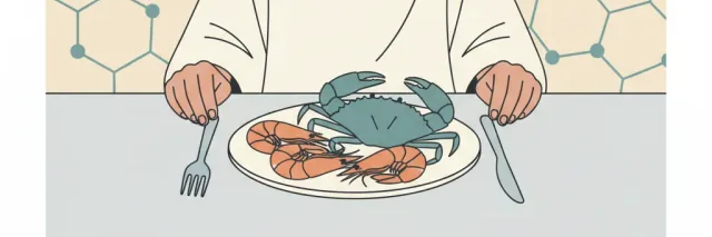 A person at a table looking cautiously at a plate of shellfish, flat editorial illustration.