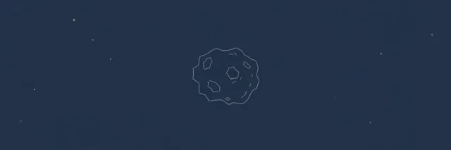 A single stylized asteroid silhouette against a dark sky with faint star-field dots, flat vector illustration.