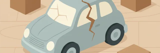 A cracked plastic toy car with a jagged break line, lying on a wooden floor beside intact toy blocks, flat vector illustration in muted tones.