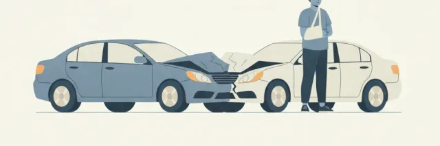 Two flat-vector cars in a minor front-corner collision, one driver figure holding a bandaged arm beside them, muted blue-grey palette.