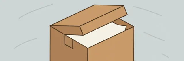 A small cardboard shipping box on a neutral surface, flat vector illustration in muted tones.
