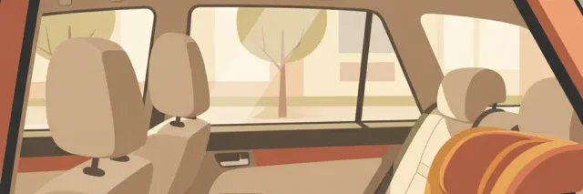 A rear car seat seen through a slightly open car window, sunlight streaming in, no child present, flat vector illustration.