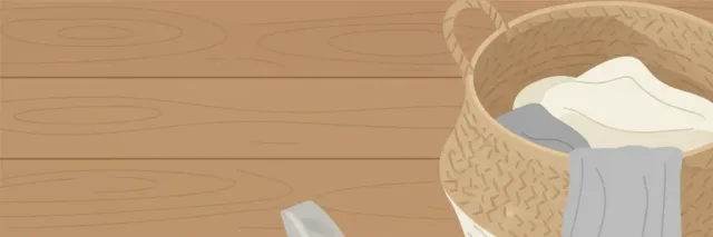 A thin translucent plastic bag lying flat on a wooden floor near a laundry basket, flat vector illustration in muted tones.