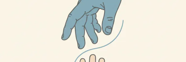 A small child's hand reaching up toward an adult hand against a pale background, flat vector illustration.
