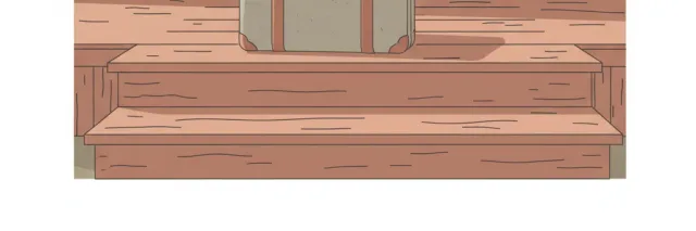 A suitcase sitting alone on a porch, flat vector illustration, muted tones, no people.