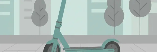 An electric scooter parked on a sidewalk next to a bicycle helmet resting on the ground, flat vector illustration in muted tones.
