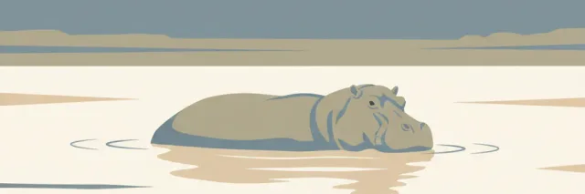 A stylized hippopotamus silhouette half-submerged in calm river water, flat vector illustration in muted earth tones.