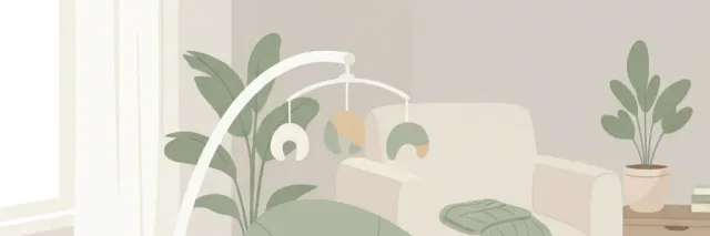An empty modern powered infant swing in a residential room, viewed from a low angle, flat vector illustration in muted tones.