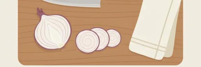 A chef's knife beside a halved onion on a wooden cutting board, flat vector illustration in muted tones.