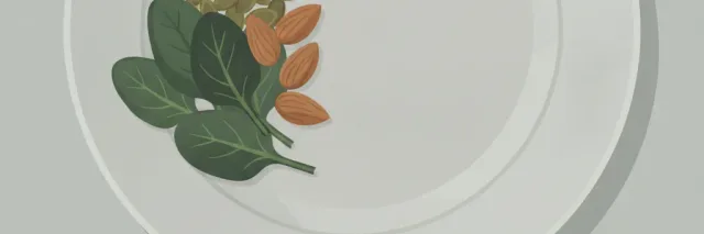 A small pile of pumpkin seeds and leafy greens on a plate that is more than half empty, muted green and grey flat vector illustration.