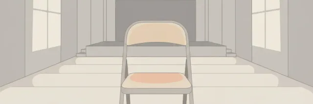 A single empty folding chair in a wide, pale auditorium, flat vector illustration, no people.