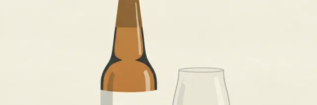 A single amber beer bottle with a blank label beside an empty glass on a neutral surface, flat vector illustration.