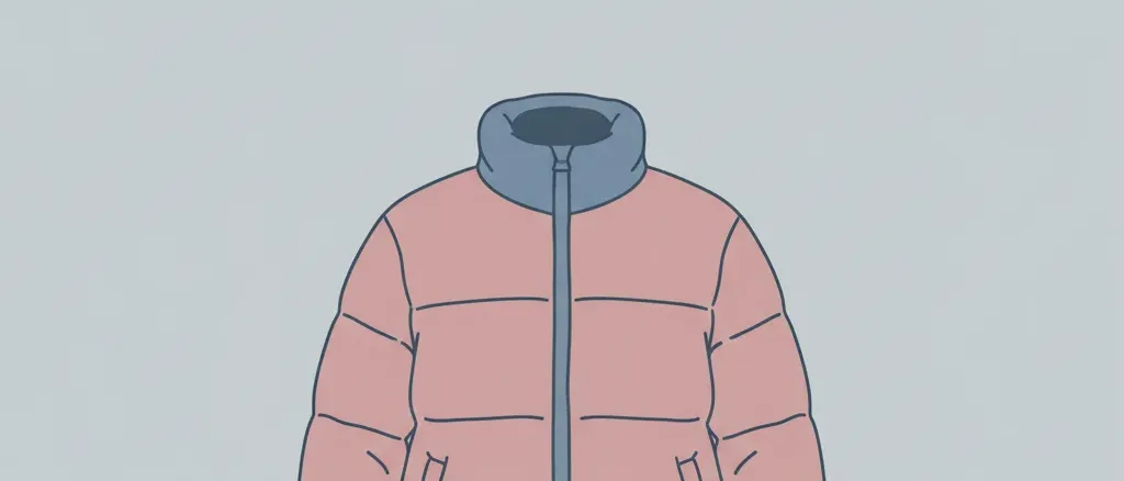 A single empty quilted puffer jacket shape in minimal outline against a pale grey-blue background, flat vector illustration, no child, no car seat, no crash imagery.