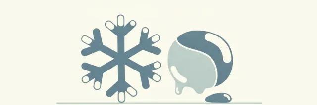 A simplified snowflake and a partially melted ice-cube shape side by side in muted blue-grey tones on a pale background, flat vector illustration.