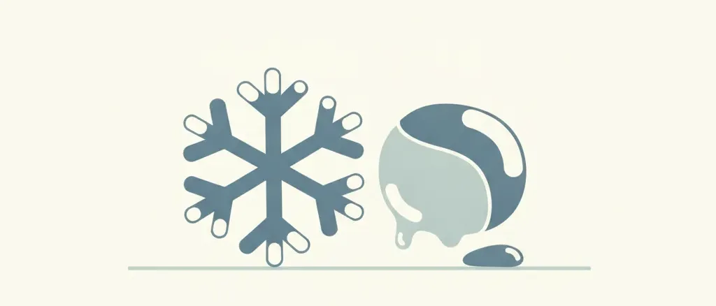 A simplified snowflake and a partially melted ice-cube shape side by side in muted blue-grey tones on a pale background, flat vector illustration.