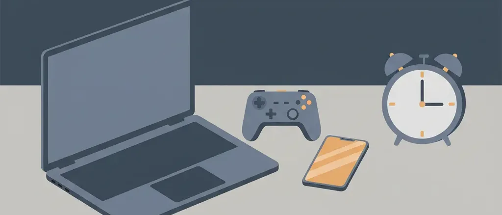 A laptop, game controller, and phone arranged on a desk beside an alarm clock showing a late hour, flat vector illustration in muted tones.