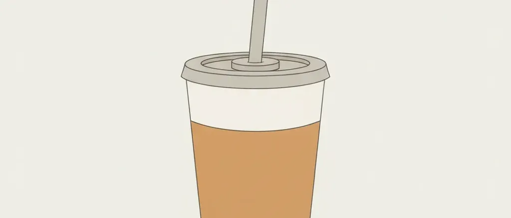 A single disposable soda cup with a straw, viewed straight on against a plain light background, flat vector illustration in muted amber and grey tones.