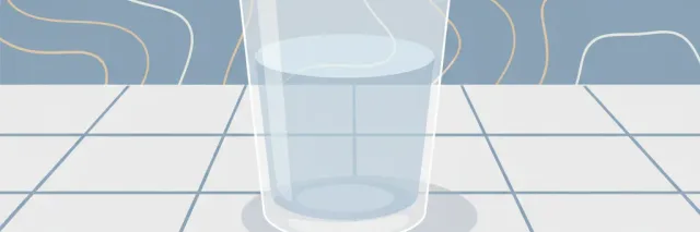 A glass of tap water on a tiled surface, with a faint world map in the background, flat vector illustration in muted tones.