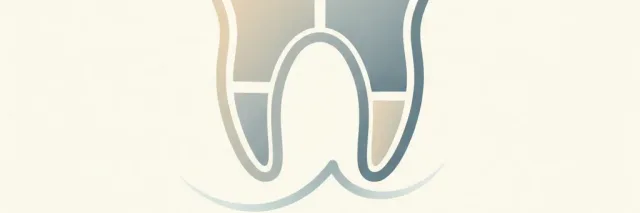 A flat vector illustration of a single stylized molar tooth outline with two roots, muted grey and warm tones, calm and abstract.